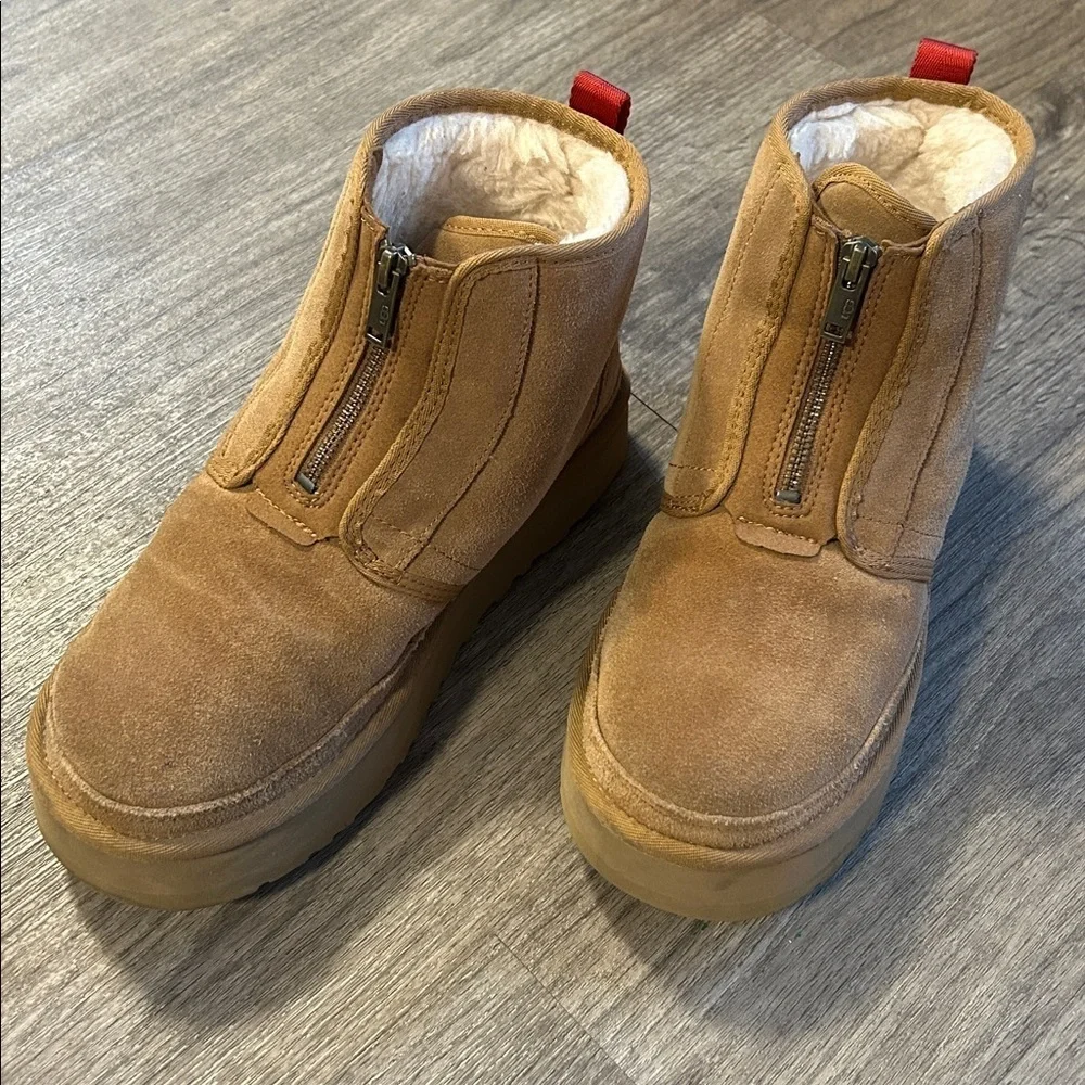 UGG Neumel Platform Zip Boots Chestnut Suede Shearling Lined Ankle Boots Sz 10